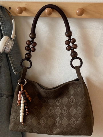 Vintage Damen PU Hobo Umhängetasche Geprägtes Rautenmuster Große Kapazität Achseltasche Mit Holzperlengurt Pendler Handtasche