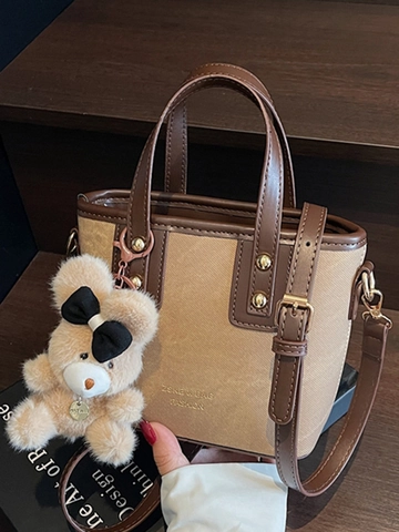 Dames Mode PU Leer Canvas Patchwork Emmer Tas Vintage Kleine Schoudertas Met Beer Hanger Casual Tote