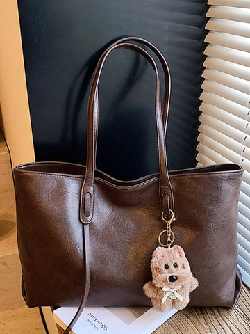Grand Sac Cabas en Cuir PU pour Femmes Sac à Bandoulière Mode Trajet Avec Pendentif Animal en Peluche Sac Sous le Bras