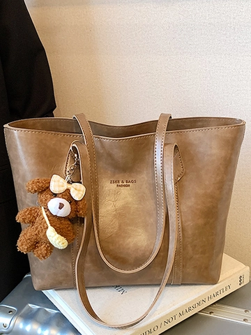 Women Retro PU Leather Large Capacity Tote Bag Minimalist Commuter Shoulder Bag With Plush Bear Charm Stylish Solid Color Handbag