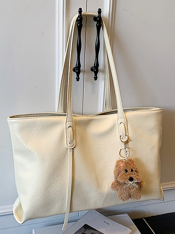 Grand Sac Cabas en Cuir PU pour Femmes Sac à Bandoulière Mode Trajet Avec Pendentif Animal en Peluche Sac Sous le Bras