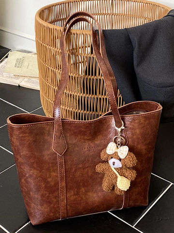 Women Retro PU Leather Large Capacity Tote Bag Minimalist Commuter Shoulder Bag With Plush Bear Charm Stylish Solid Color Handbag