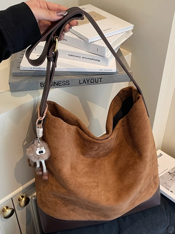 Women Vintage Large Capacity Suede PU Spliced Shoulder Bag Retro Urban Commuter Tote Bag Adjustable Strap Hobo Bucket Bag