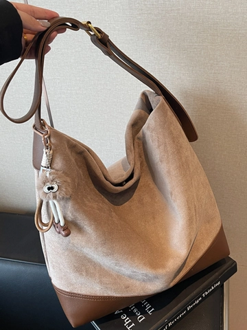 Women Vintage Large Capacity Suede PU Spliced Shoulder Bag Retro Urban Commuter Tote Bag Adjustable Strap Hobo Bucket Bag
