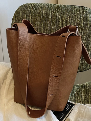 Women Minimalist PU Leather Bucket Bag Large Capacity Pebbled Pattern Shoulder Bag Retro Commuter Handbag Solid Color Purse