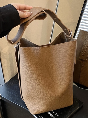 Women Minimalist PU Leather Bucket Bag Large Capacity Pebbled Pattern Shoulder Bag Retro Commuter Handbag Solid Color Purse