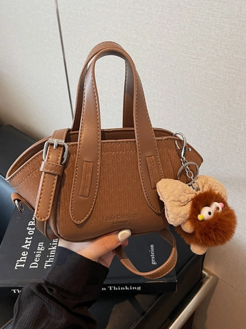 Borsa a Tracolla Piccola Quadrata in Pelle PU da Donna Moda Cuciture Vintage Colore a Contrasto Con Ciondolo di Peluche