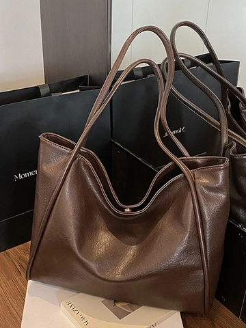 Women Large Capacity PU Leather Tote Bag Minimalist Korean Style Soft Hobo Shoulder Bag Daily Casual Travel Handbag