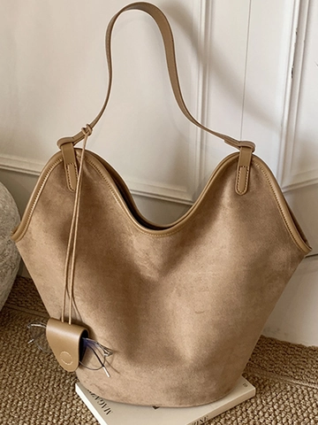 Borsa a Secchiello a Tracolla in Pelle PU Effetto Scamosciato Retrò per Donna Borsa Tote da Pendolare alla Moda con Pochette