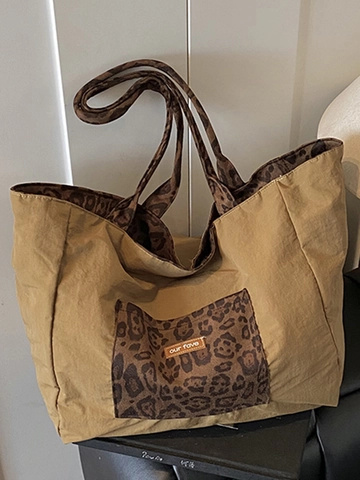 Women Large Capacity Leopard Print Suede Tote Bag Retro Plaid Lining Reversible Shoulder Bag For Daily Commuting Office