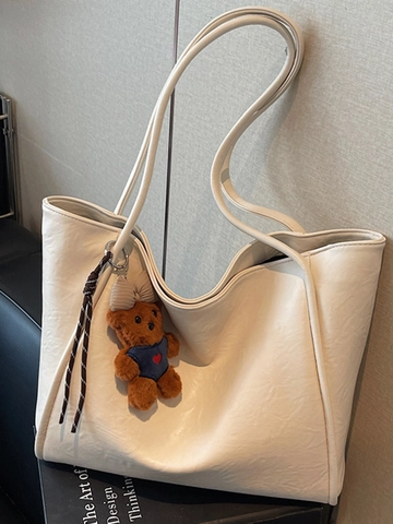 Women Large Capacity PU Leather Tote Bag Retro Simple Solid Color Shoulder Bag With Bear Charm Fashion Casual Handbag