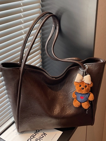 Women Large Capacity PU Leather Tote Bag Retro Simple Solid Color Shoulder Bag With Bear Charm Fashion Casual Handbag