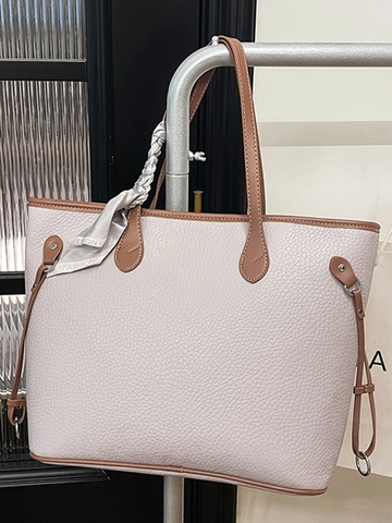Large Capacity PU Leather Tote Bag Women Pebbled Texture Shoulder Bag With Decorative Scarf Stylish Daily Commuter Handbag