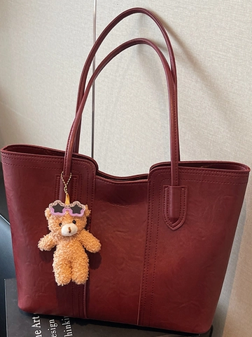 Borsa Tote Vintage in Pelle PU di Grande Capacità per Donna Con Ciondolo a Orsetto Borsa a Tracolla Minimalista Urbana Borsa da Ufficio