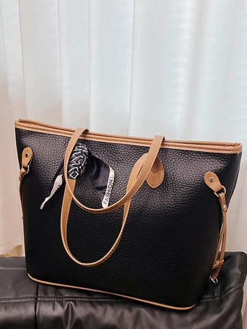 Large Capacity PU Leather Tote Bag Women Pebbled Texture Shoulder Bag With Decorative Scarf Stylish Daily Commuter Handbag