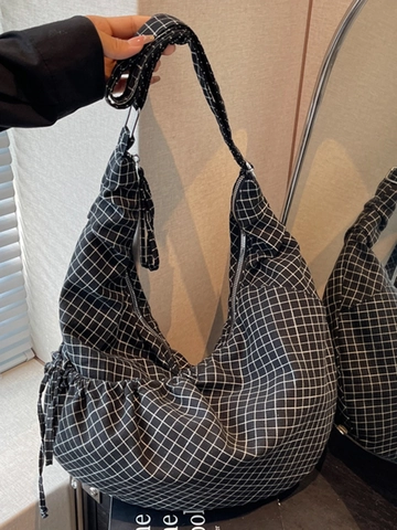 Sac à Épaule À Carreaux Pour Femmes Avec Cordon Grande Capacité Sac Bandoulière En Tissu Pour Étudiants Style Hobo
