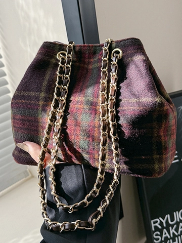 Retro Plaid Woolen Bucket Bag For Women Large Capacity Chain Strap Commuter Shoulder Bag 2025 Autumn Fashion Handbag