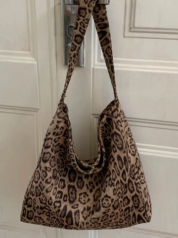 Vintage Leopardenmuster Große Kapazität Damen Tragetasche Schultertasche Casual Stoff Hobo Tasche Für Alltag Reise Mode Handtasche