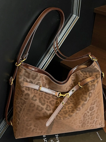 Große Kapazität Wildlederimitat Leopardenmuster Tote Bag Für Damen Retro Casual Schultertasche Mit Verstellbarem Riemen Pendler Handtasche