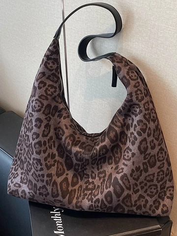 Leopardenmuster Tote Bag Für Damen Retro Große Kapazität Umhängetasche Wildleder Urban Minimalistisch Mode Pendler Handtasche
