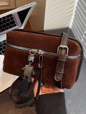 Vintage PU Suede Small Square Crossbody Bag For Women With Metal Robot Pendant Adjustable Strap Urban Simple Shoulder Bag