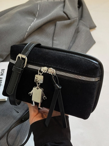 Vintage PU Suede Small Square Crossbody Bag For Women With Metal Robot Pendant Adjustable Strap Urban Simple Shoulder Bag