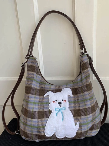 Koreaanse Stijl Geruite Polyester Draagtas Voor Dames Met Cartoon Hond Borduurlapje Casual Mode PU Leren Schoudertas