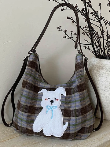 Koreaanse Stijl Geruite Polyester Draagtas Voor Dames Met Cartoon Hond Borduurlapje Casual Mode PU Leren Schoudertas