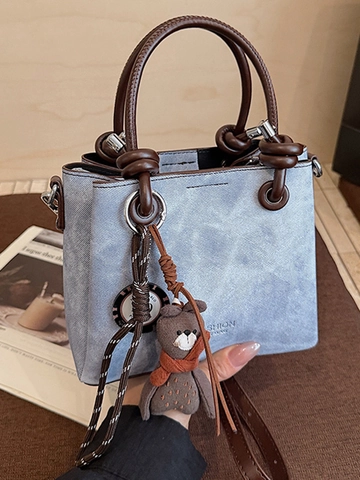Women Vintage PU Leather Shoulder Bag Solid Color Crossbody Tote Bucket Bag With Bear Pendant Casual Commuter Handbag