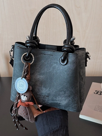 Women Vintage PU Leather Shoulder Bag Solid Color Crossbody Tote Bucket Bag With Bear Pendant Casual Commuter Handbag