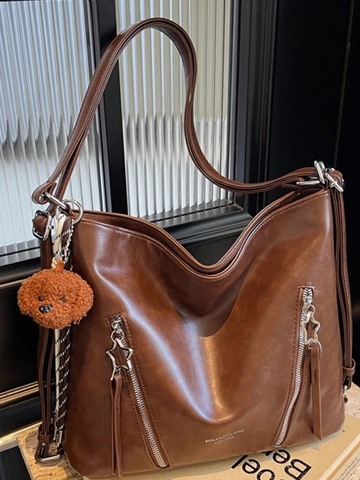 Sac Cabas en Cuir PU Grande Capacité Style Coréen Pour Femme Sac à Épaule Tendance Commuter Avec Fermeture Éclair Étoile