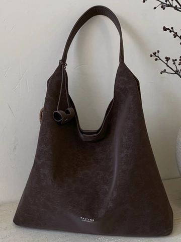Bolso Hobo de Cuero PU para Mujer Gran Capacidad Minimalista Color Sólido Bolso de Hombro Con Colgante de Madera Bolso Principal Y Estuche