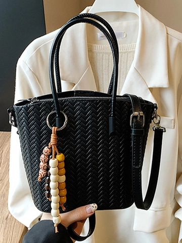 Sac Seau en Cuir PU Tissé pour Femmes Grande Capacité Sac à Bandoulière Avec Charme Perlé Sac à Main Élégant Quotidien