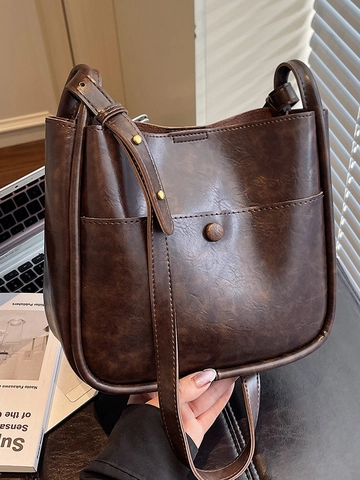 Borsa a Secchiello in Pelle PU Vintage da Donna Grande Capacità Borsa a Tracolla Con Tasca Frontale Cinghia Regolabile Tote Casual