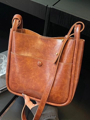 Borsa a Secchiello in Pelle PU Vintage da Donna Grande Capacità Borsa a Tracolla Con Tasca Frontale Cinghia Regolabile Tote Casual