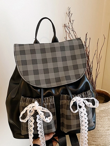 Süßer Karierter Patchwork PU Leder Rucksack für Damen Große Kapazität Schultasche mit Spitze Schleife Dekoration Süßer Tagesrucksack