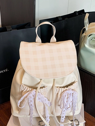 Süßer Karierter Patchwork PU Leder Rucksack für Damen Große Kapazität Schultasche mit Spitze Schleife Dekoration Süßer Tagesrucksack