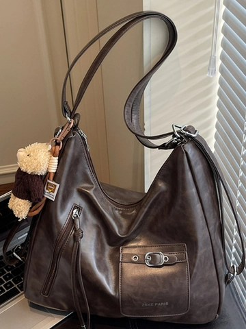 Women Large Capacity Shoulder Bag Retro PU Leather Tote Bag With Bear Pendant Stitching Design Urban Minimalist Commuter Bag