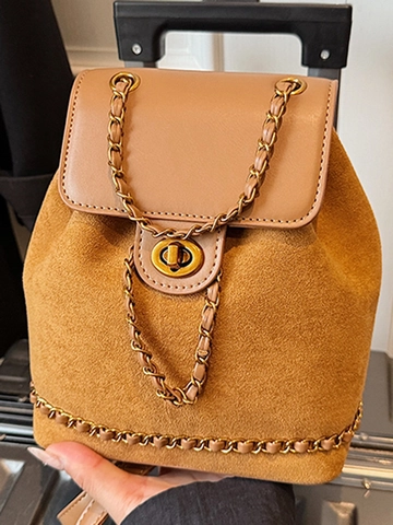 Vintage Large Capacity Chain Backpack For Women Fashion Suede Patchwork Bucket Bag Retro Drawstring Lock Closure Backpack