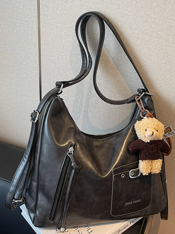 Women Large Capacity Shoulder Bag Retro PU Leather Tote Bag With Bear Pendant Stitching Design Urban Minimalist Commuter Bag