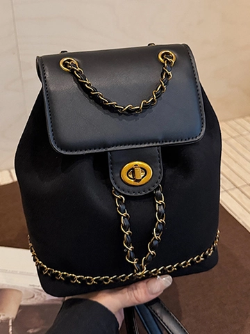 Vintage Large Capacity Chain Backpack For Women Fashion Suede Patchwork Bucket Bag Retro Drawstring Lock Closure Backpack