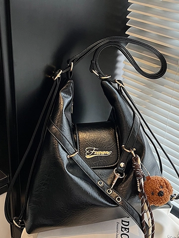 Women Large Capacity PU Leather Shoulder Bag Retro Solid Color Tote Bag With Bear Pendant Simple Casual Commute Daily Bag