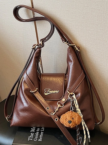 Women Large Capacity PU Leather Shoulder Bag Retro Solid Color Tote Bag With Bear Pendant Simple Casual Commute Daily Bag