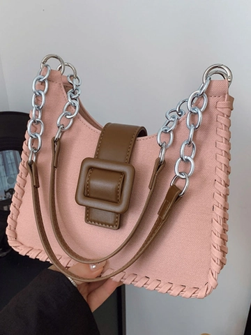 Bolso de Axila para Mujer Vintage Color de Contraste Moda Cuero PU Gran Capacidad Bolso de Hombro Con Cadena Detalle de Costura