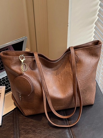 Borsa Tote a Spalla da Donna di Grande Capacità in Pelle PU Minimalista Urbana Con Ciondolo Portamonete Rotondo per Pendolarismo