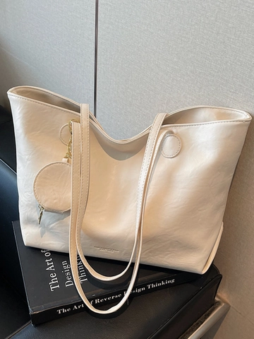 Borsa Tote a Spalla da Donna di Grande Capacità in Pelle PU Minimalista Urbana Con Ciondolo Portamonete Rotondo per Pendolarismo
