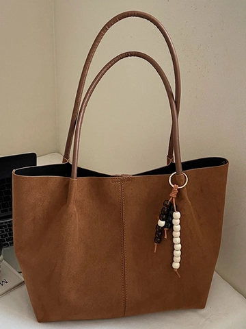 Borsa Tote Grande in Camoscio Vintage da Donna Moda Autunno 2025 Borsa a Spalla con Ciondolo di Perline