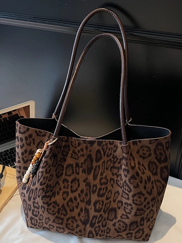 Borsa Tote Grande in Camoscio Vintage da Donna Moda Autunno 2025 Borsa a Spalla con Ciondolo di Perline