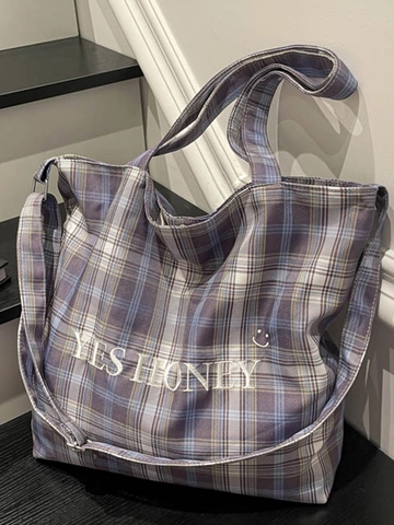 Grand Sac Cabas en Toile Plaid pour Femme Style Littéraire Coréen Sac à Bandoulière Gingham Avec Broderie de Lettres Honey Sac à Main