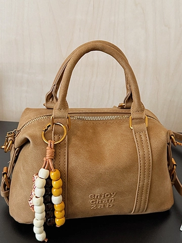 Women Fashion PU Leather Shoulder Bag Large Capacity Solid Color Boston Bag With Beaded Pendant Retro Handbag Crossbody Bag